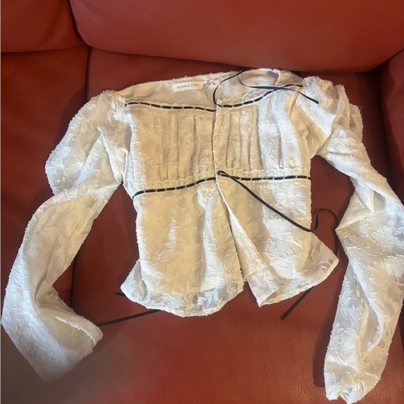 Altar'd State Cream Lace Tie-Front Long Sleeve Crop Top with Black Trim - Picture 3 of 4